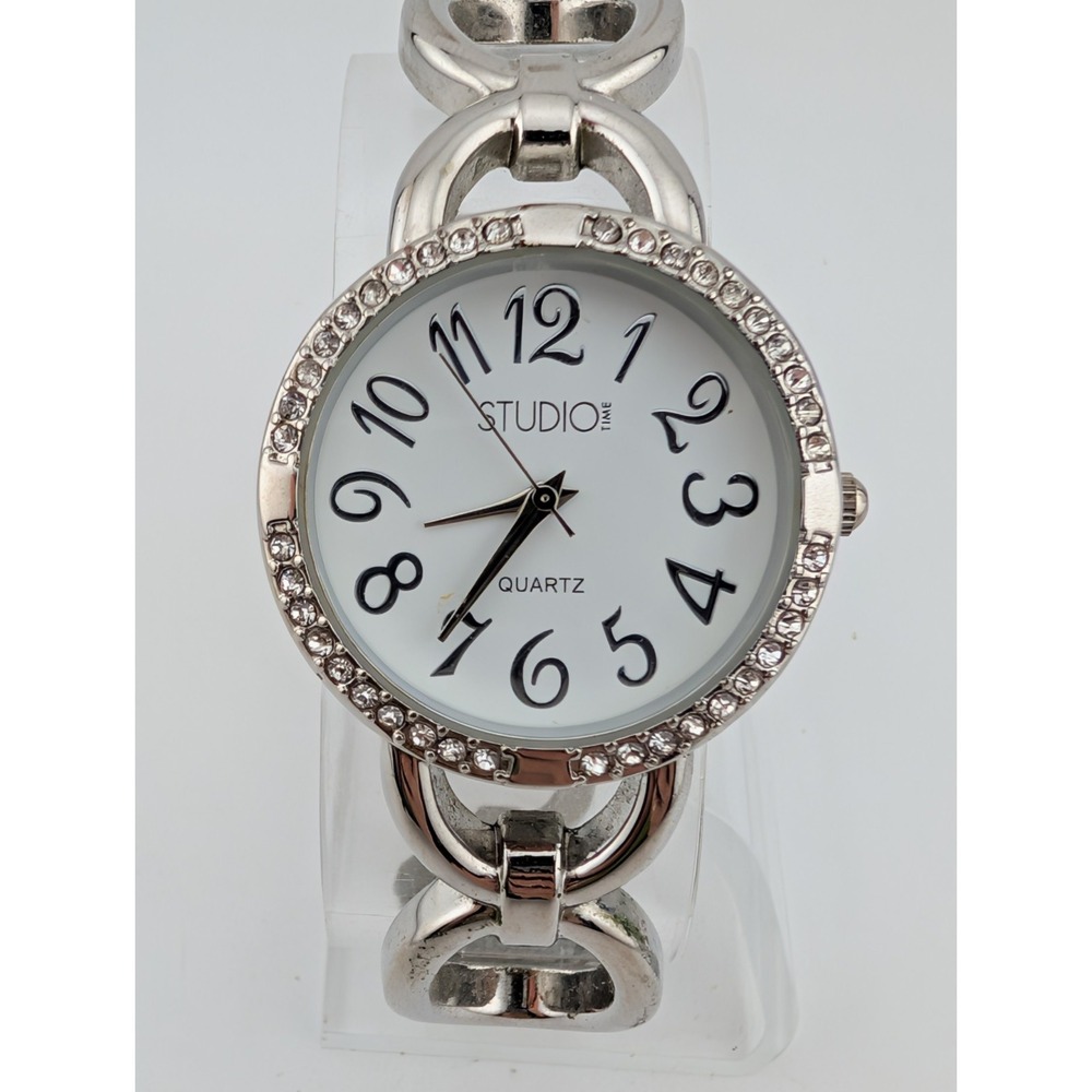 Studio Time Silver Women's Watch Bangle Band 30mm Case Crystals- New Battery